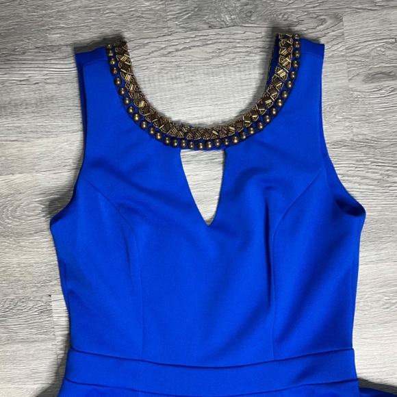 XOXO Fit & Flare, Open Back, Beaded Dress - Blue & Gold - Juniors Sz M (NWOT) - Picture 3 of 9